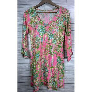 Lilly‎ Pulitzer Women's Hot Pink Floral 3/4 Cuff Sleeve 1/4 Button Dress Sz Xs